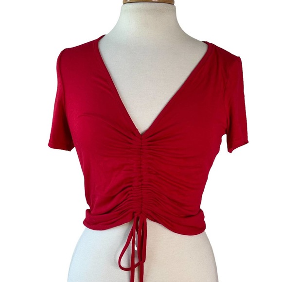 Red V Neck Crop Top | Size M  Red Lace Up Top - Picture 5 of 8